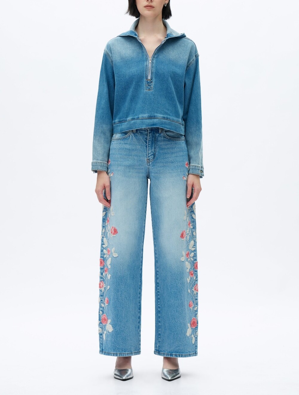 Bayeas Light Blue Barrel Jeans with Pink Rose Embroidery - Picture 3 of 11